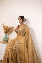 Orange Crush Tissue Silk Saree with Gold Paisley Border — golden_beige (VS-YKS775) - 7
