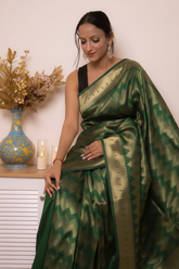 Fuchsia Paithani Silk Saree with Gold Zari & Floral Pallu — dark_bottle_green - 7