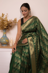 Fuchsia Paithani Silk Saree with Gold Zari & Floral Pallu — dark_bottle_green - 7