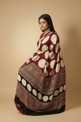 Maroon Ivory Ajrakh Polka Modal Saree With Printed Border (VS-KYA148) - 7