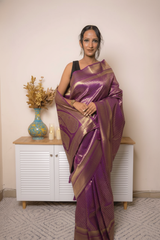 Teal-Gold Paithani Silk Saree with Zari Brocade — purple - 8