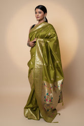 Olive Paithani Silk Saree With Multicolor Zari Pallu (VS-ZFY355)