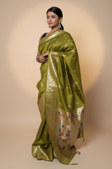 Olive Paithani Silk Saree With Multicolor Zari Pallu (VS-ZFY355)