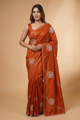 Elegant Satin Saree with Pita work in Rust Orange