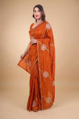 Elegant Satin Saree with Pita work in Rust Orange