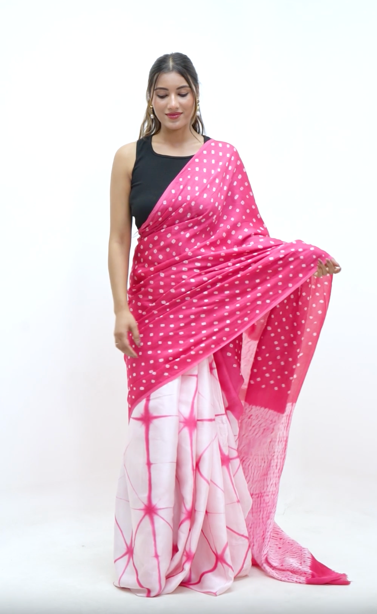 Carnation Pink Shibori X Bandhani Saree