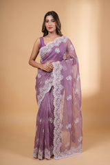 Lucknowi Chikankari Tissue Silk Saree in Lilac
