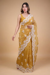 Mustard Lucknowi Chikankari Tissue Silk Saree