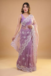 Lucknowi Chikankari Tissue Silk Saree in Lilac