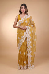 Mustard Lucknowi Chikankari Tissue Silk Saree