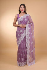Lucknowi Chikankari Tissue Silk Saree in Lilac