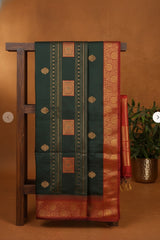 Silk Saree with Gold Zari Border in green and red border