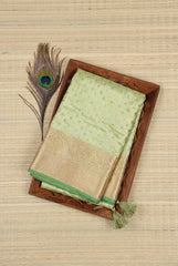 Pistachio Green Banarasi Silk Saree, Gold Zari, Buti With Swarovski