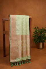 Pistachio Green Banarasi Silk Saree, Gold Zari, Buti With Swarovski