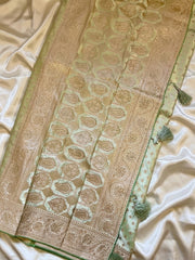 Pistachio Green Banarasi Silk Saree, Gold Zari, Buti With Swarovski