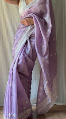 Lucknawi Chikankari Tissue Silk Saree in Plum-lilac