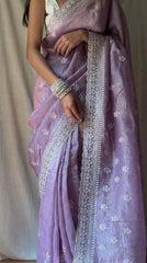 Lucknawi Chikankari Tissue Silk Saree in Plum-lilac