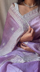 Lucknawi Chikankari Tissue Silk Saree in Plum-lilac