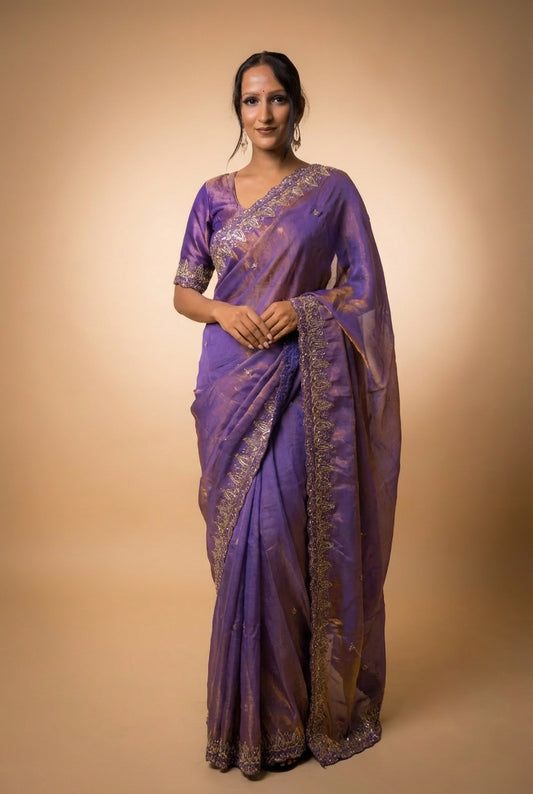 Royal Purple - Copper Shimmer Tissue Silk Saree with Embroidered Zari Border