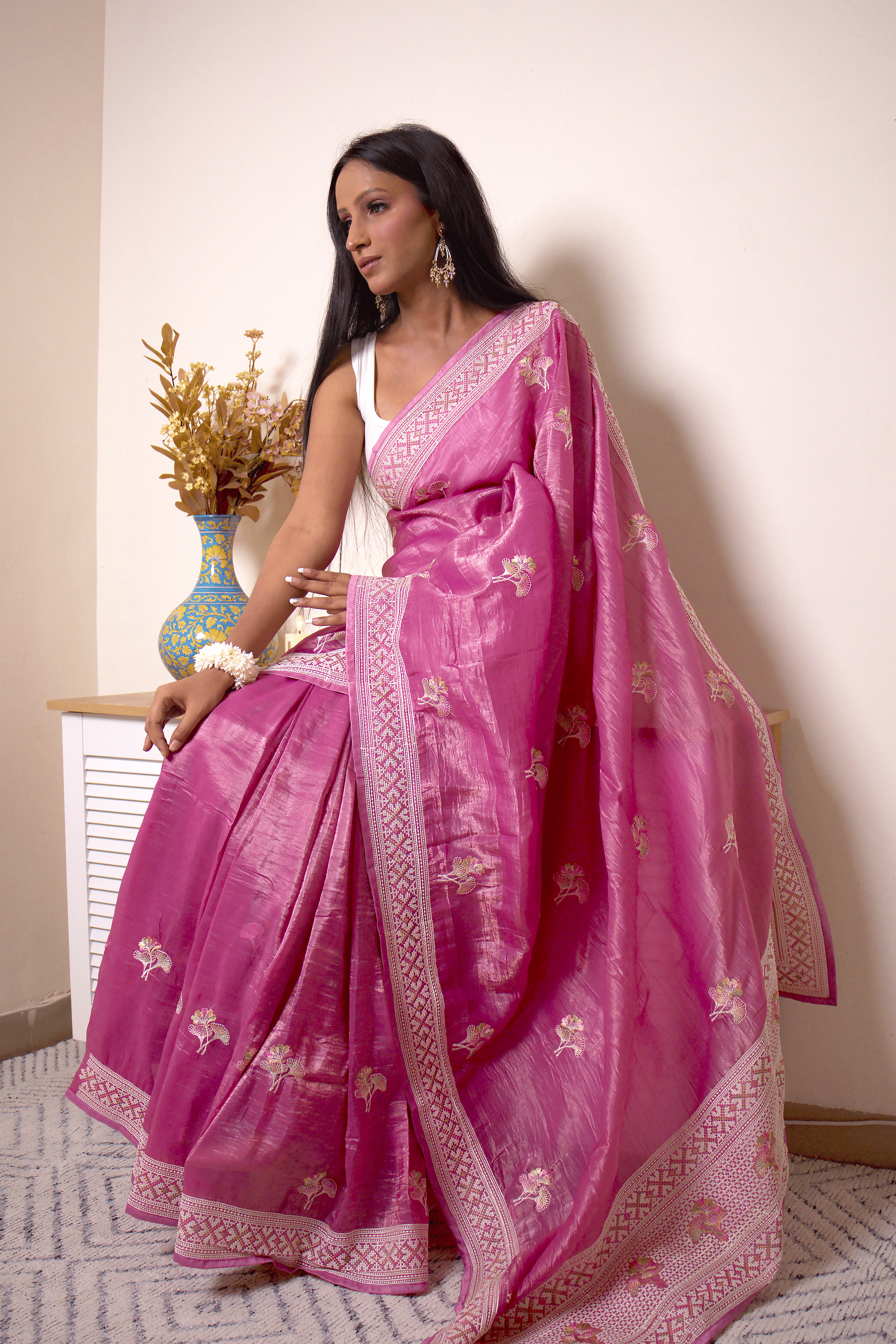 Handloom Fuchsia Chanderi Silk Saree with Zari Buta Border - IMG_0500