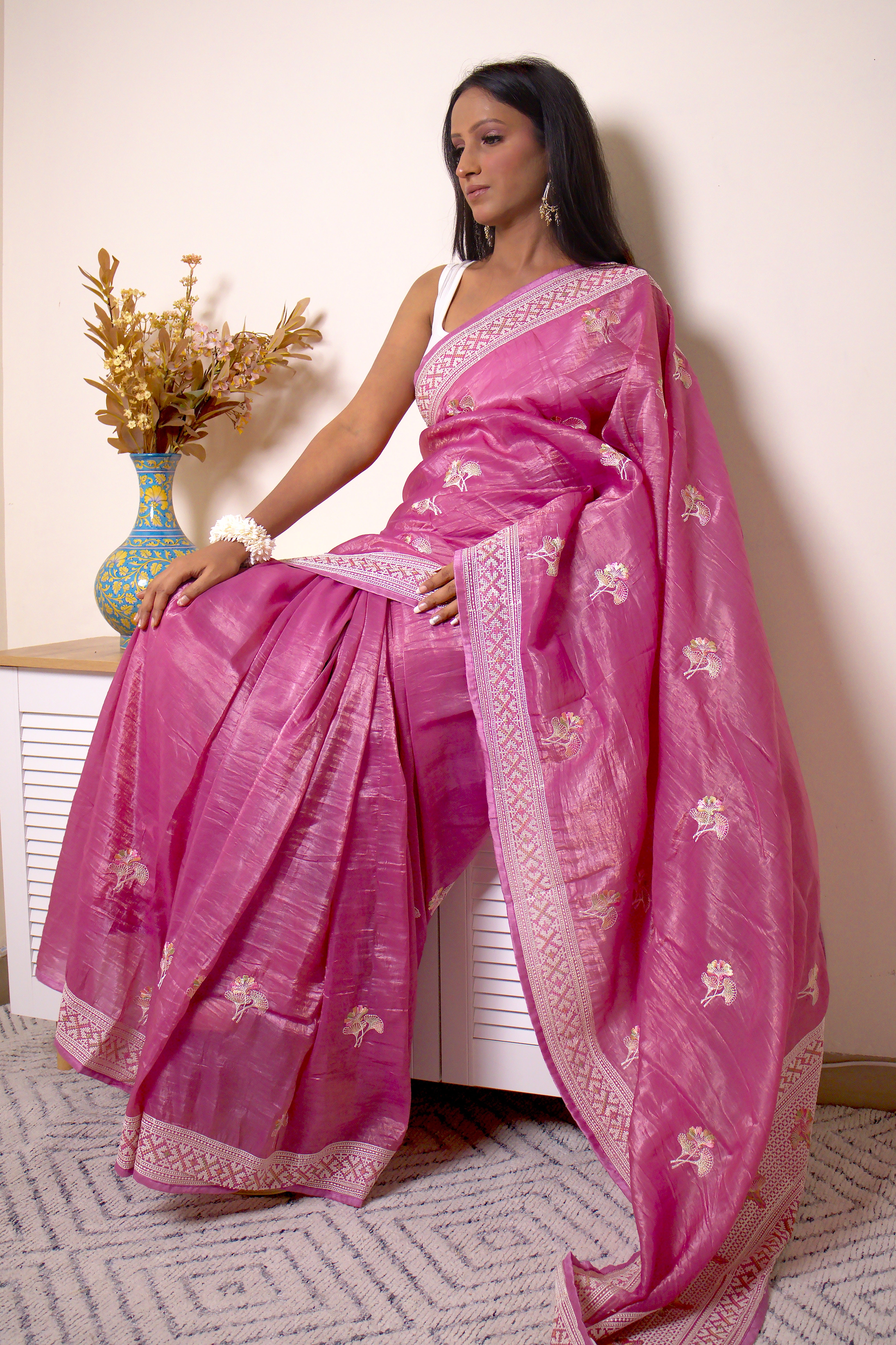 Handloom Fuchsia Chanderi Silk Saree with Zari Buta Border - IMG_0503