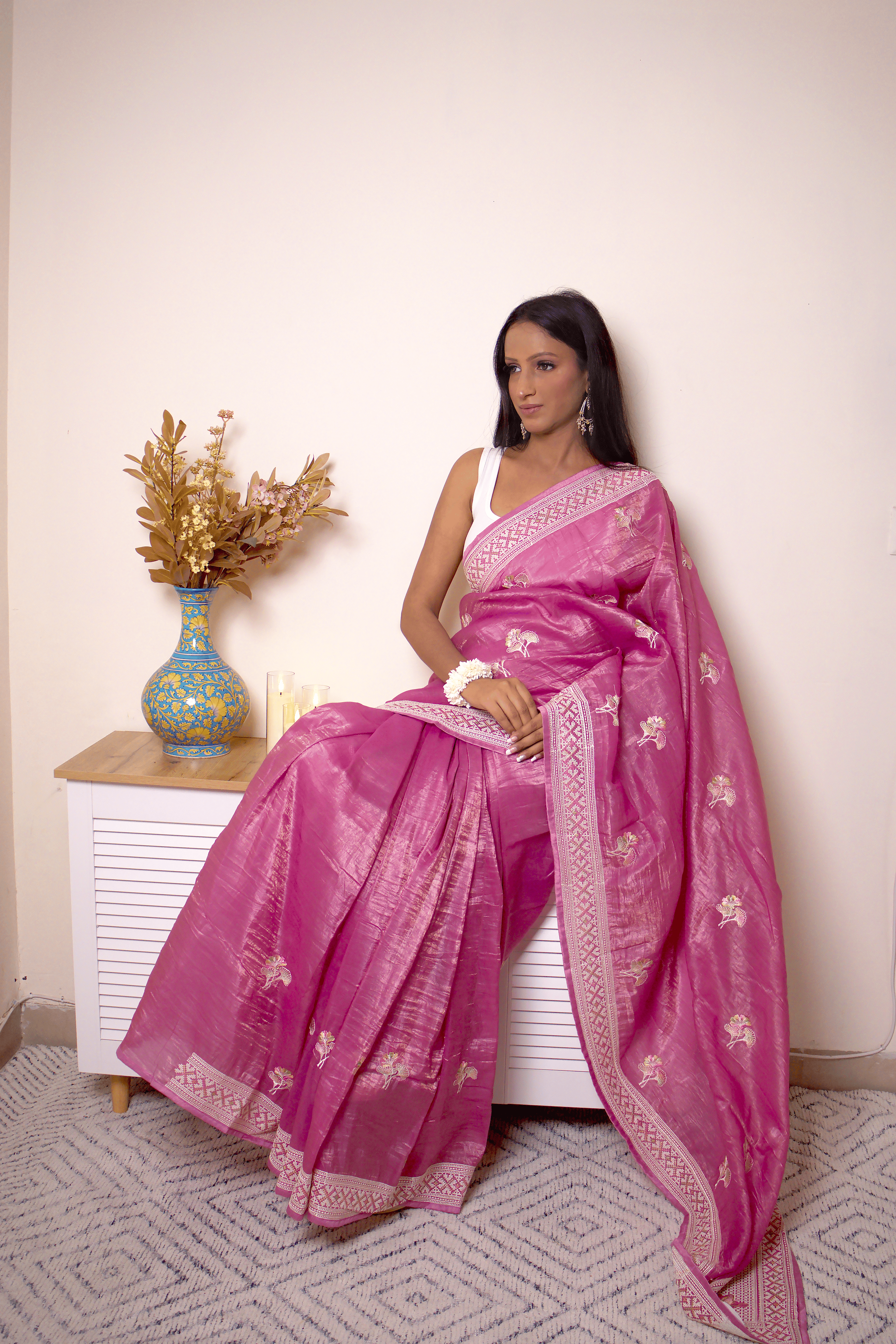 Handloom Fuchsia Chanderi Silk Saree with Zari Buta Border - IMG_0504