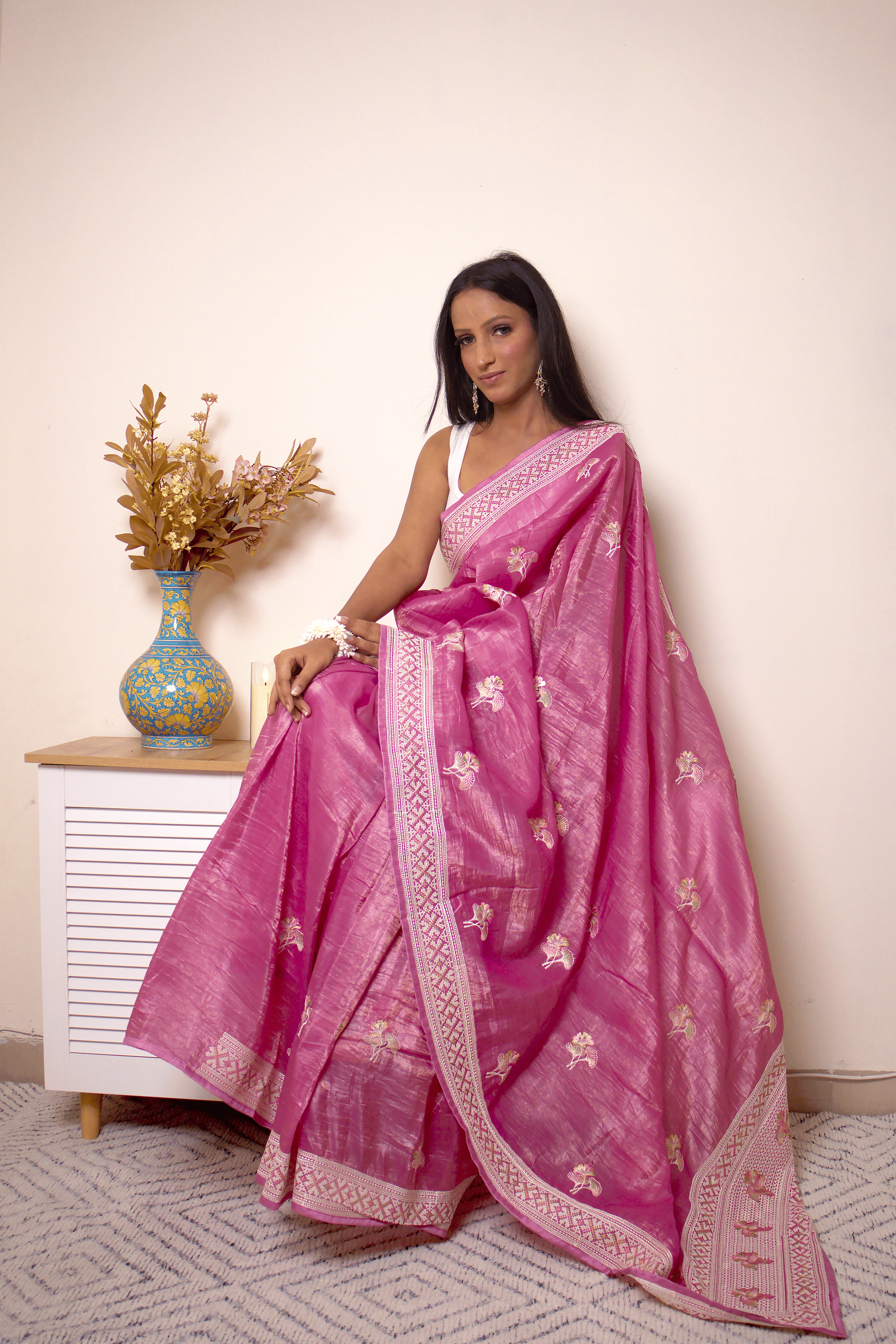 Handloom Fuchsia Chanderi Silk Saree with Zari Buta Border - IMG_0505