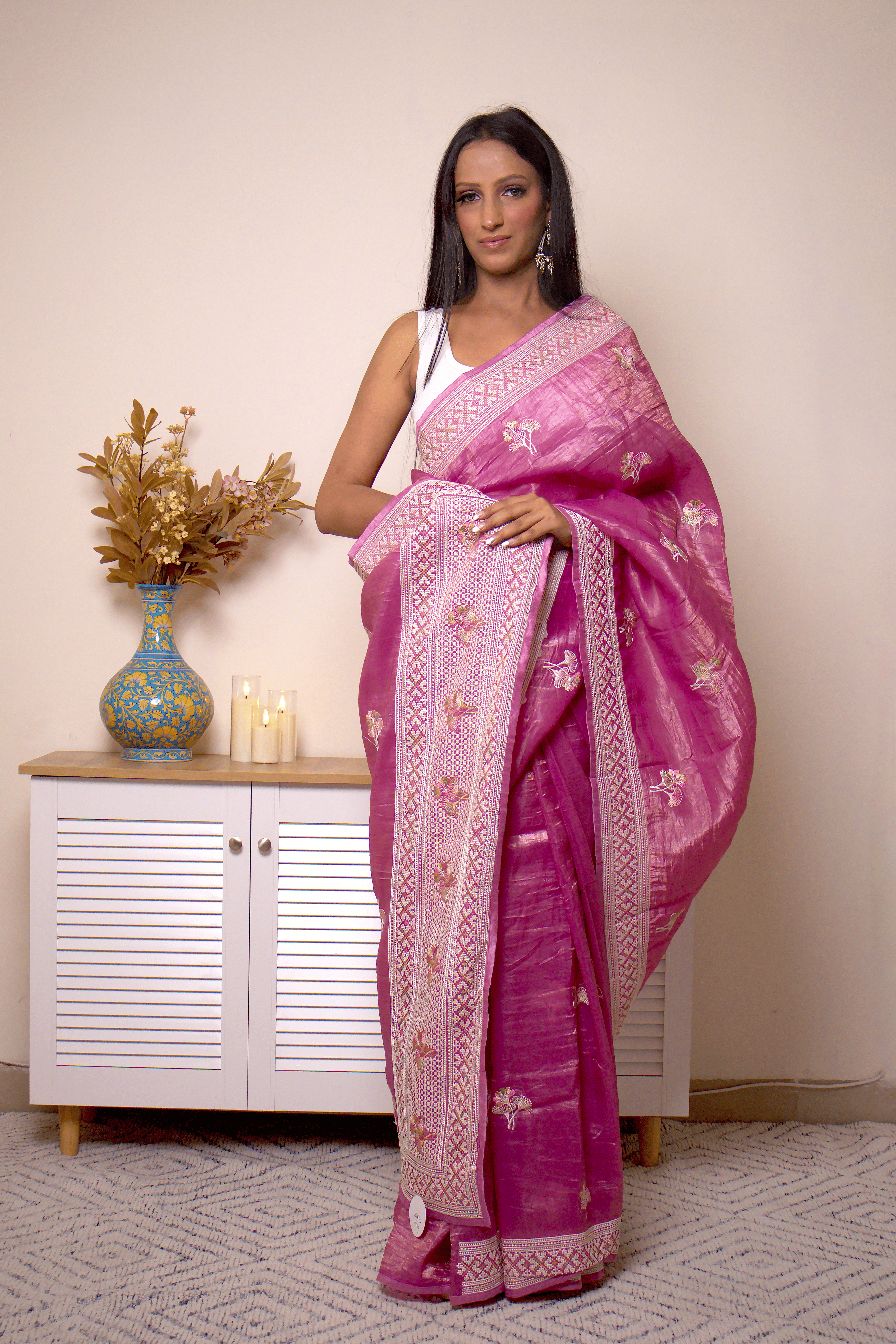 Handloom Fuchsia Chanderi Silk Saree with Zari Buta Border - IMG_0511