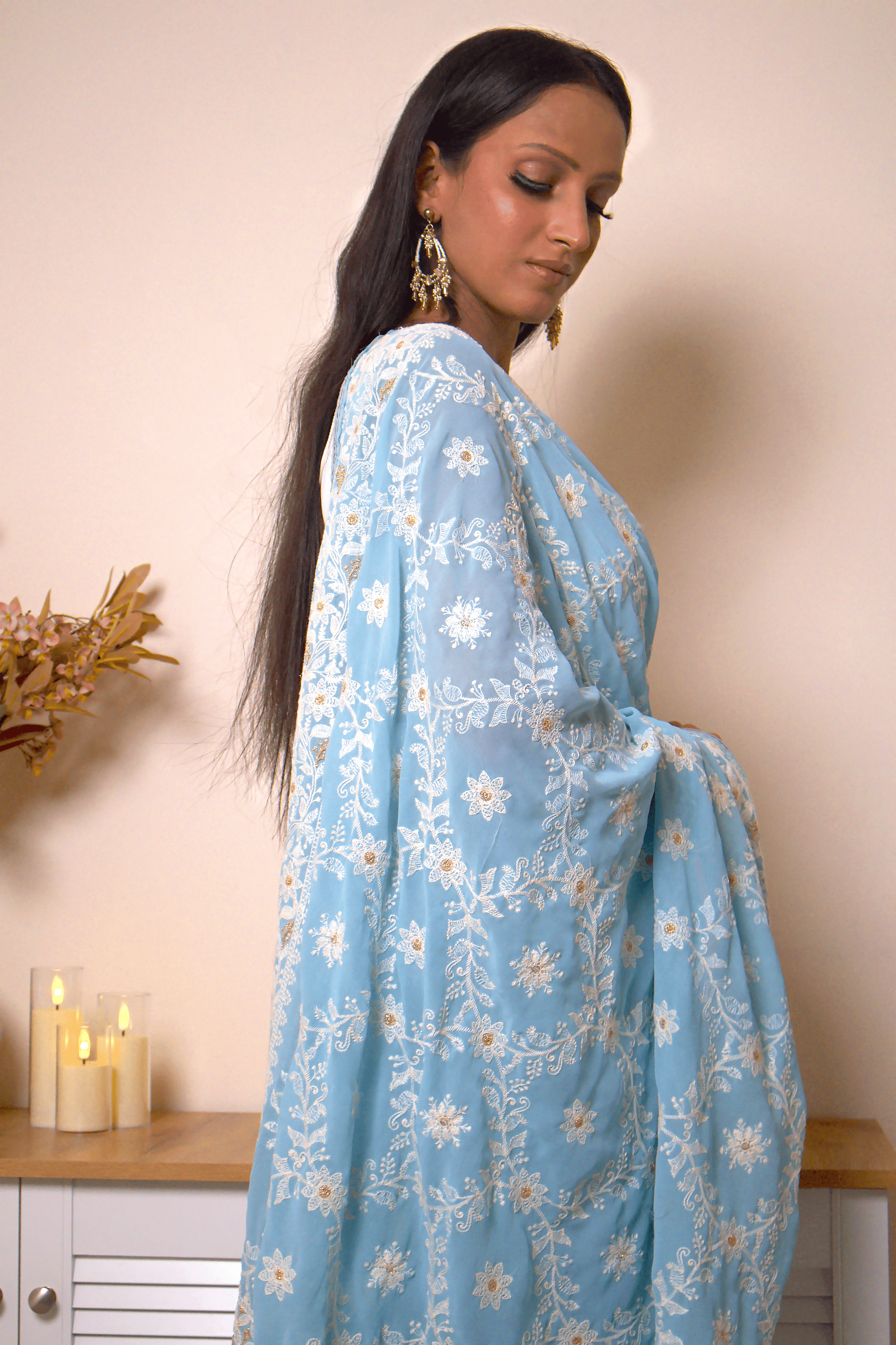 Lucknawi Chikankari Georgette Saree in Sky Blue - IMG_0528