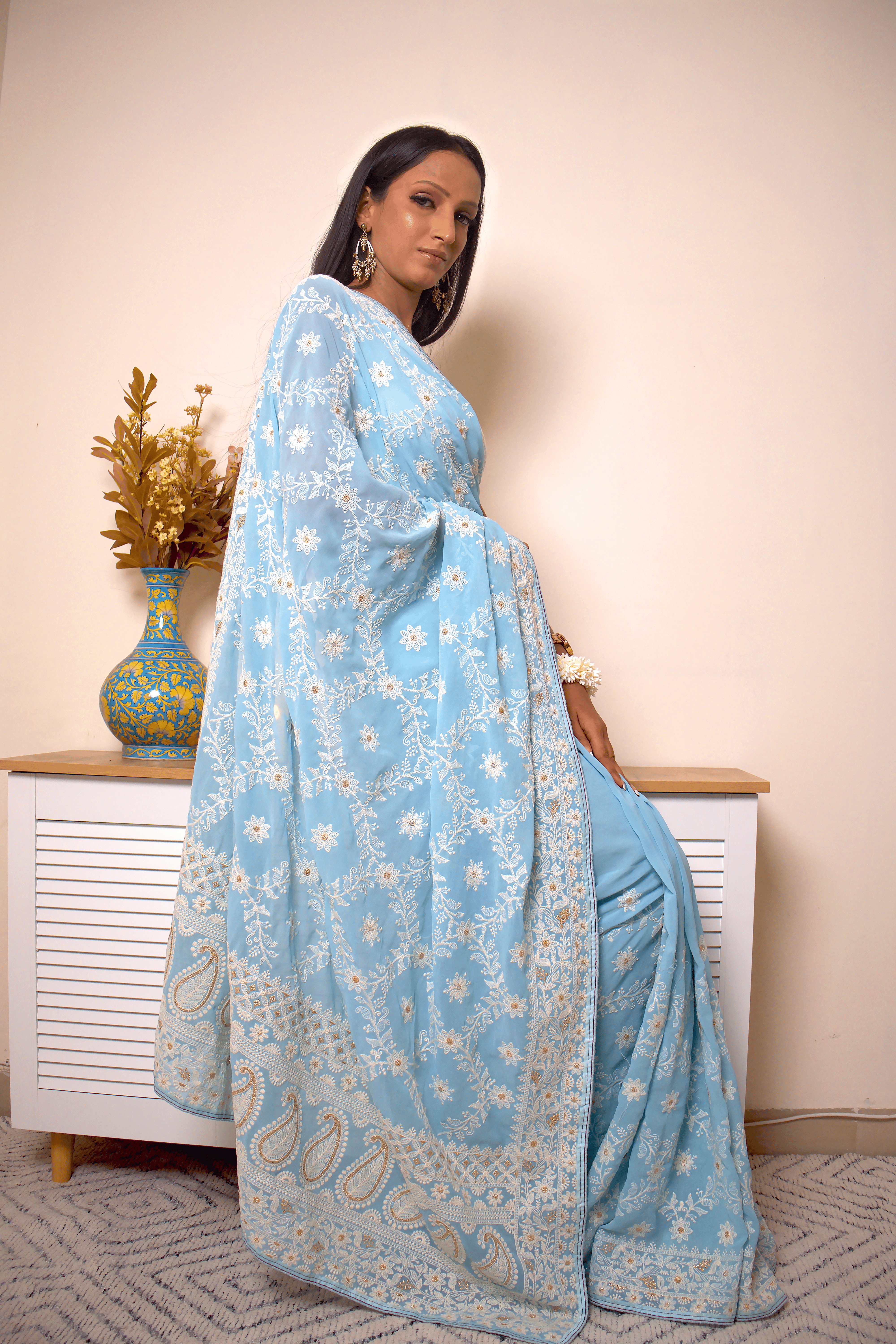 Lucknawi Chikankari Georgette Saree in Sky Blue - IMG_0529