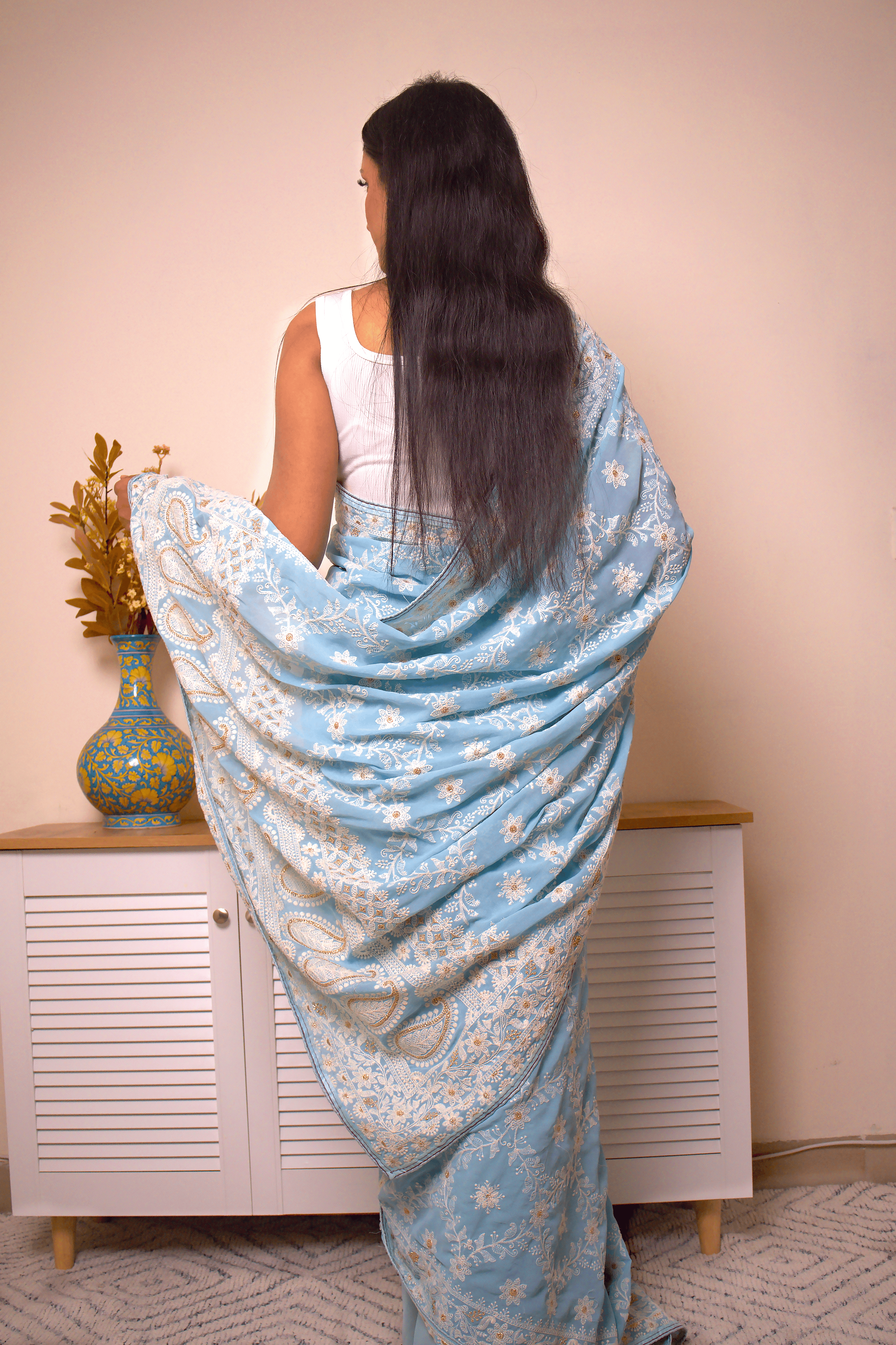 Lucknawi Chikankari Georgette Saree in Sky Blue - IMG_0540