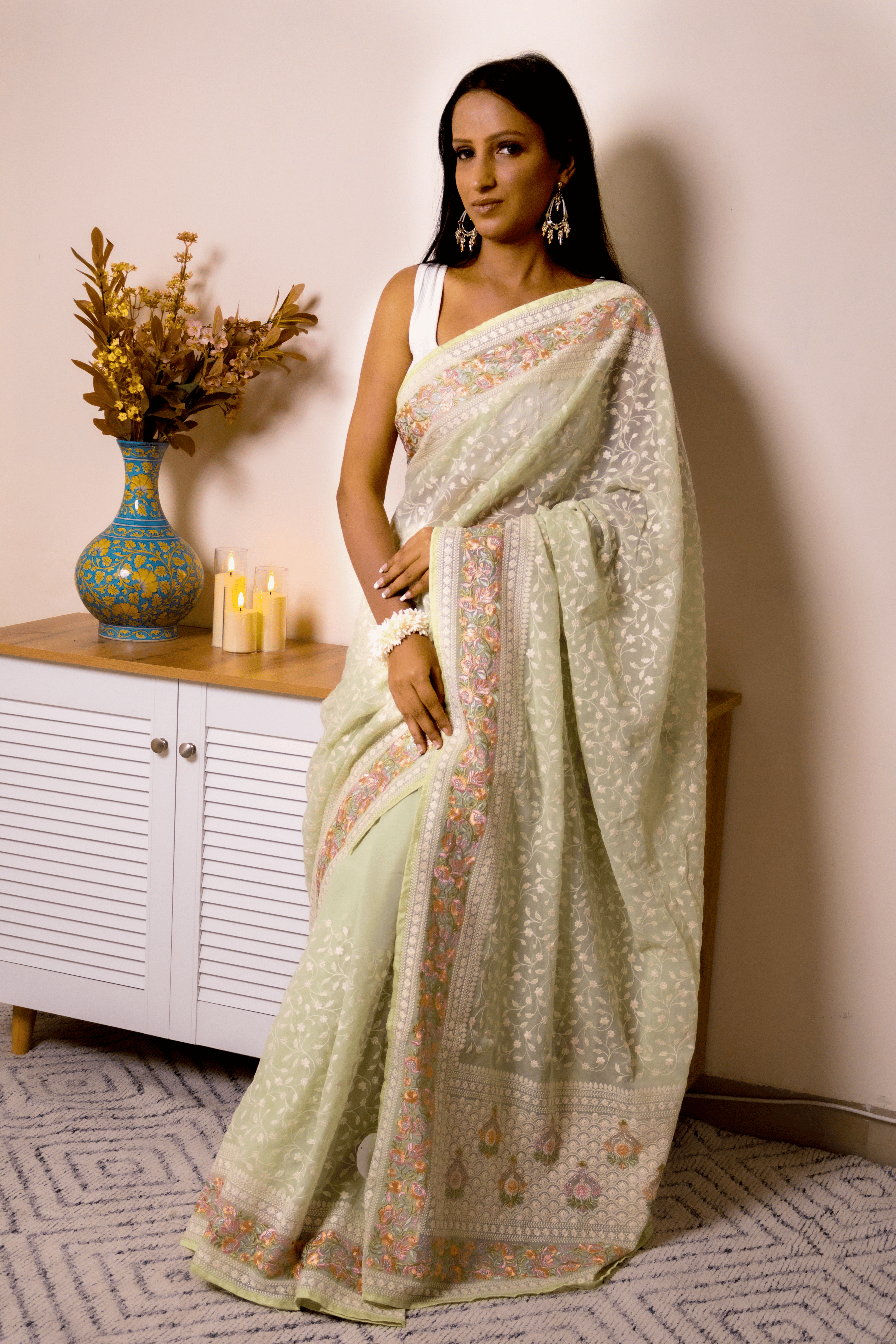 Lucknawi Chikankari Georgette Saree in Mint Green - IMG_0642