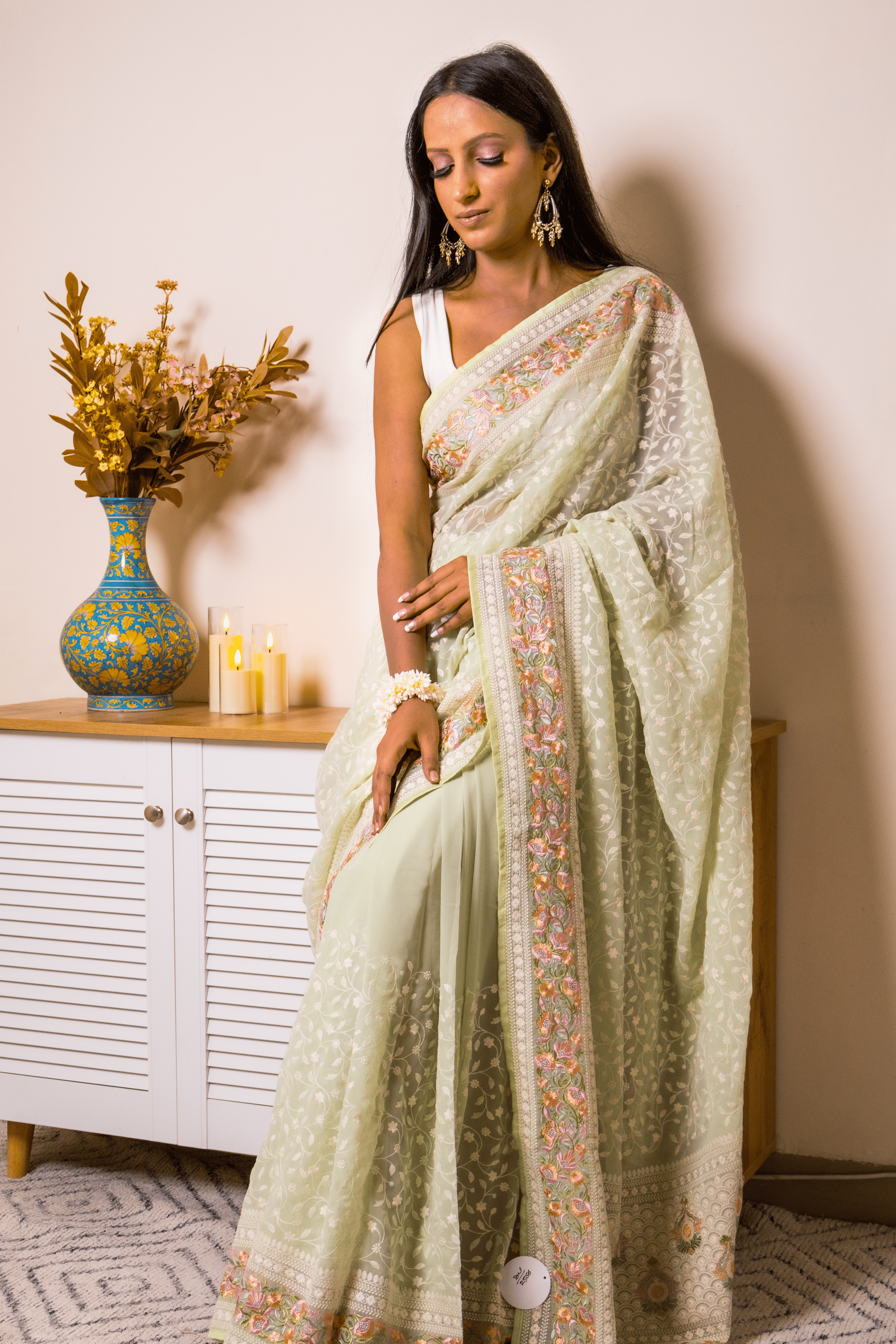 Lucknawi Chikankari Georgette Saree in Mint Green - IMG_0644