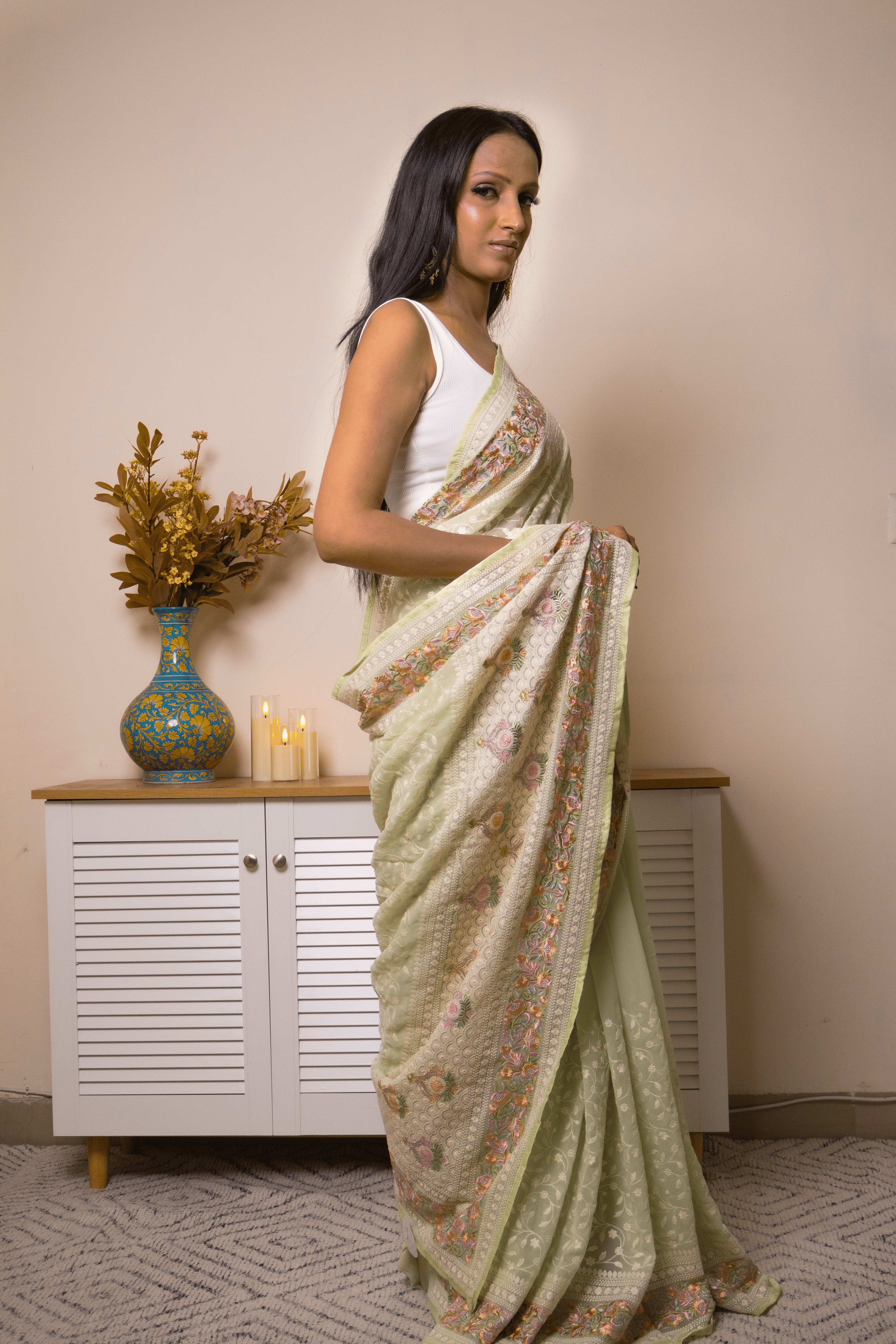 Lucknawi Chikankari Georgette Saree in Mint Green - IMG_0650