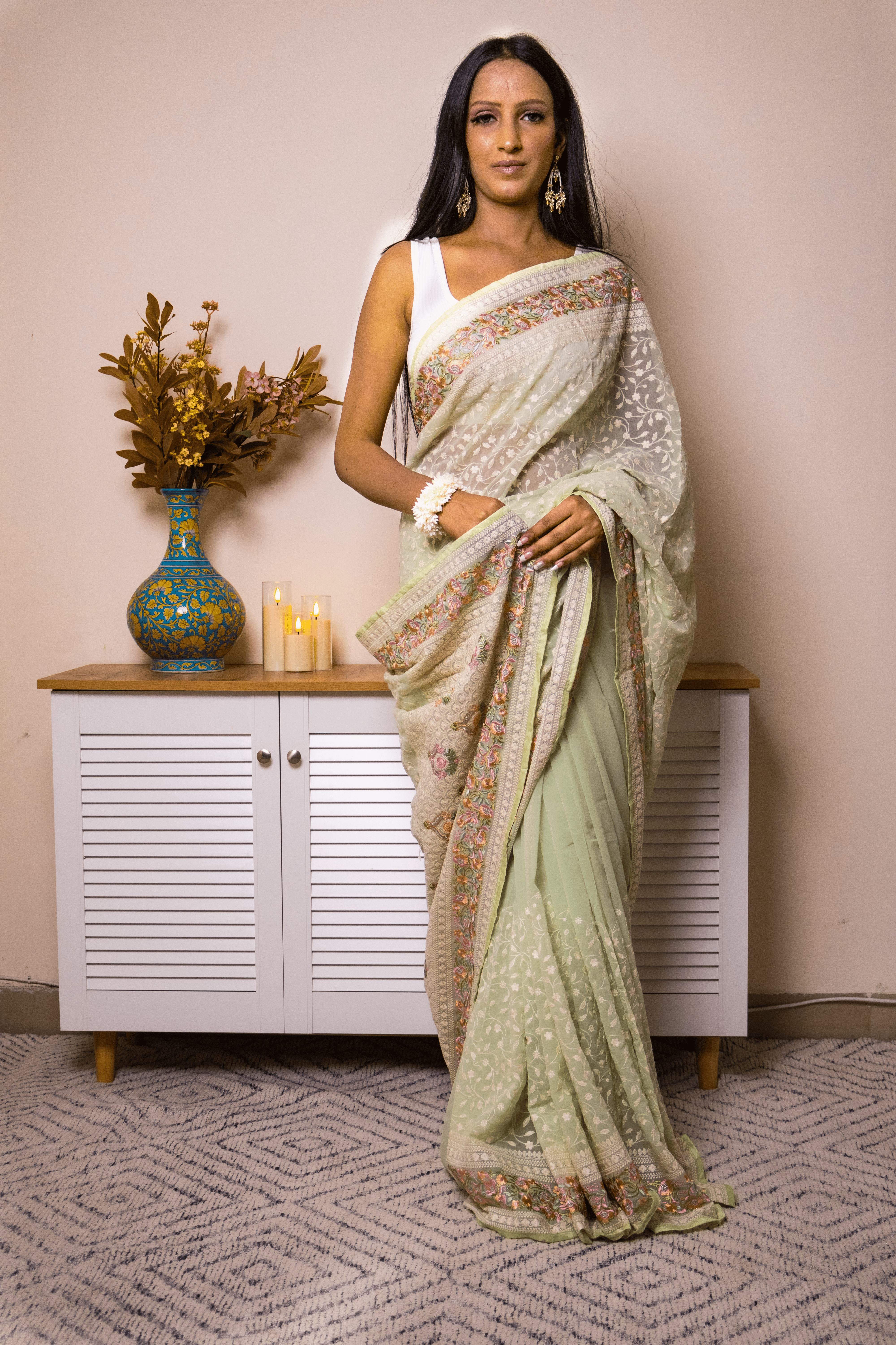 Lucknawi Chikankari Georgette Saree in Mint Green - IMG_0656