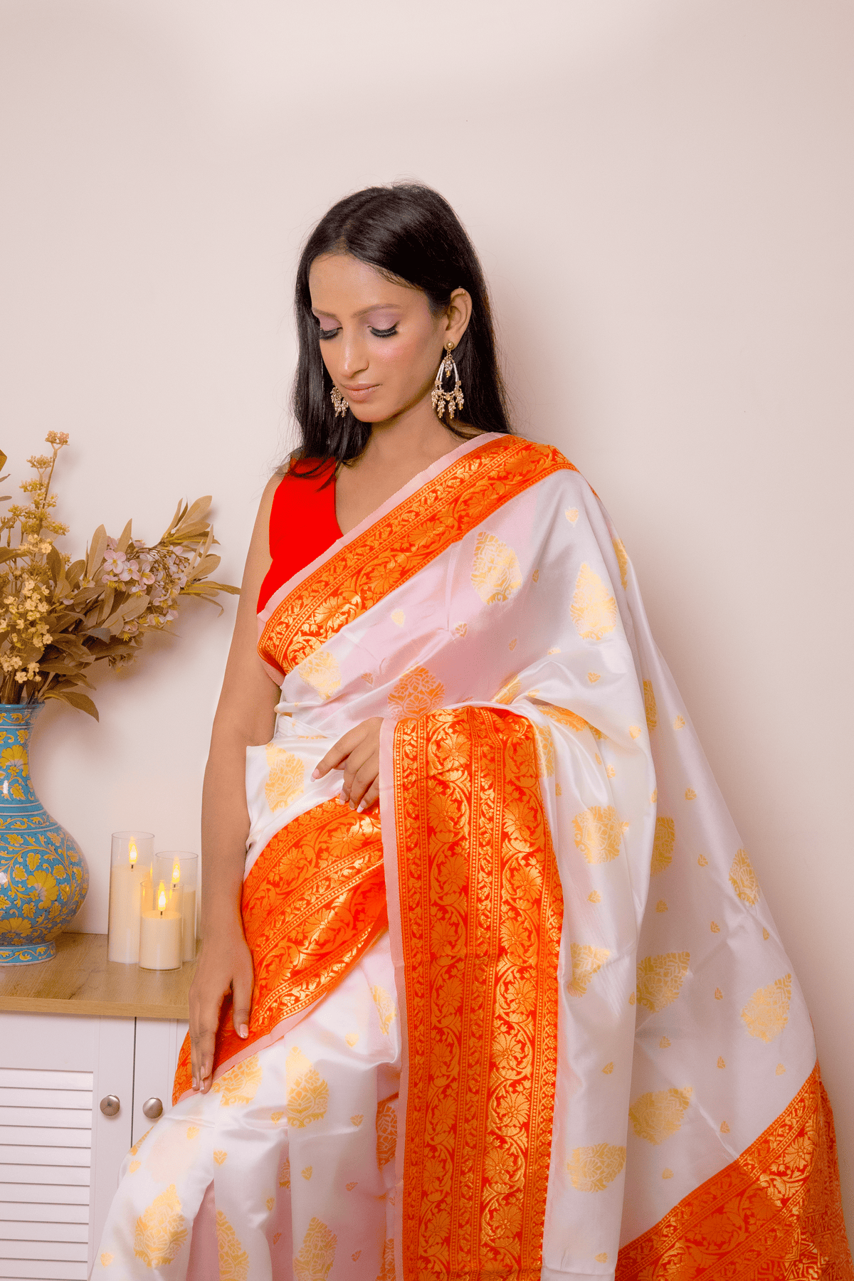 Lucknawi Chikankari Georgette Saree in Orange & White - IMG_0888