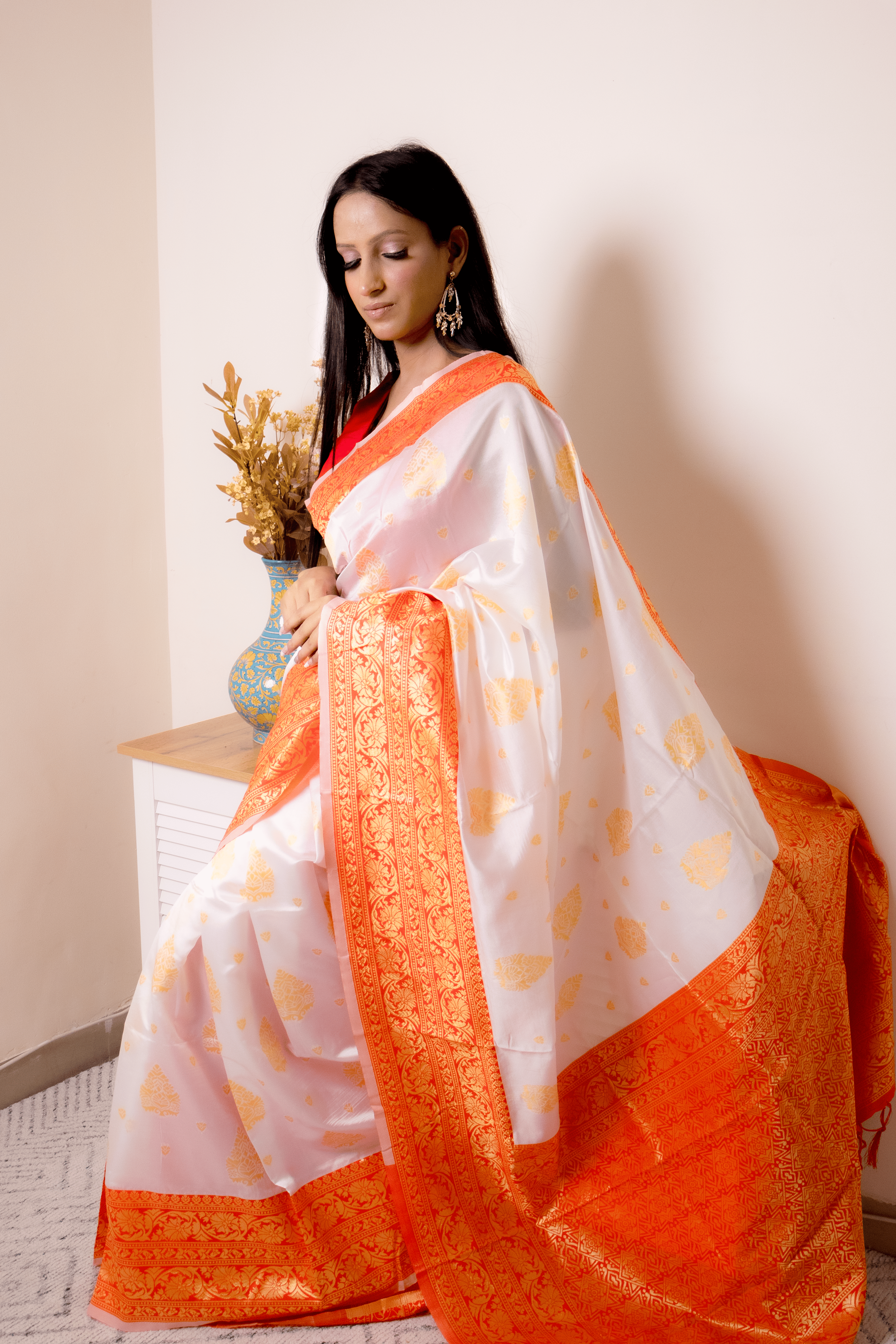 Lucknawi Chikankari Georgette Saree in Orange & White - IMG_0890