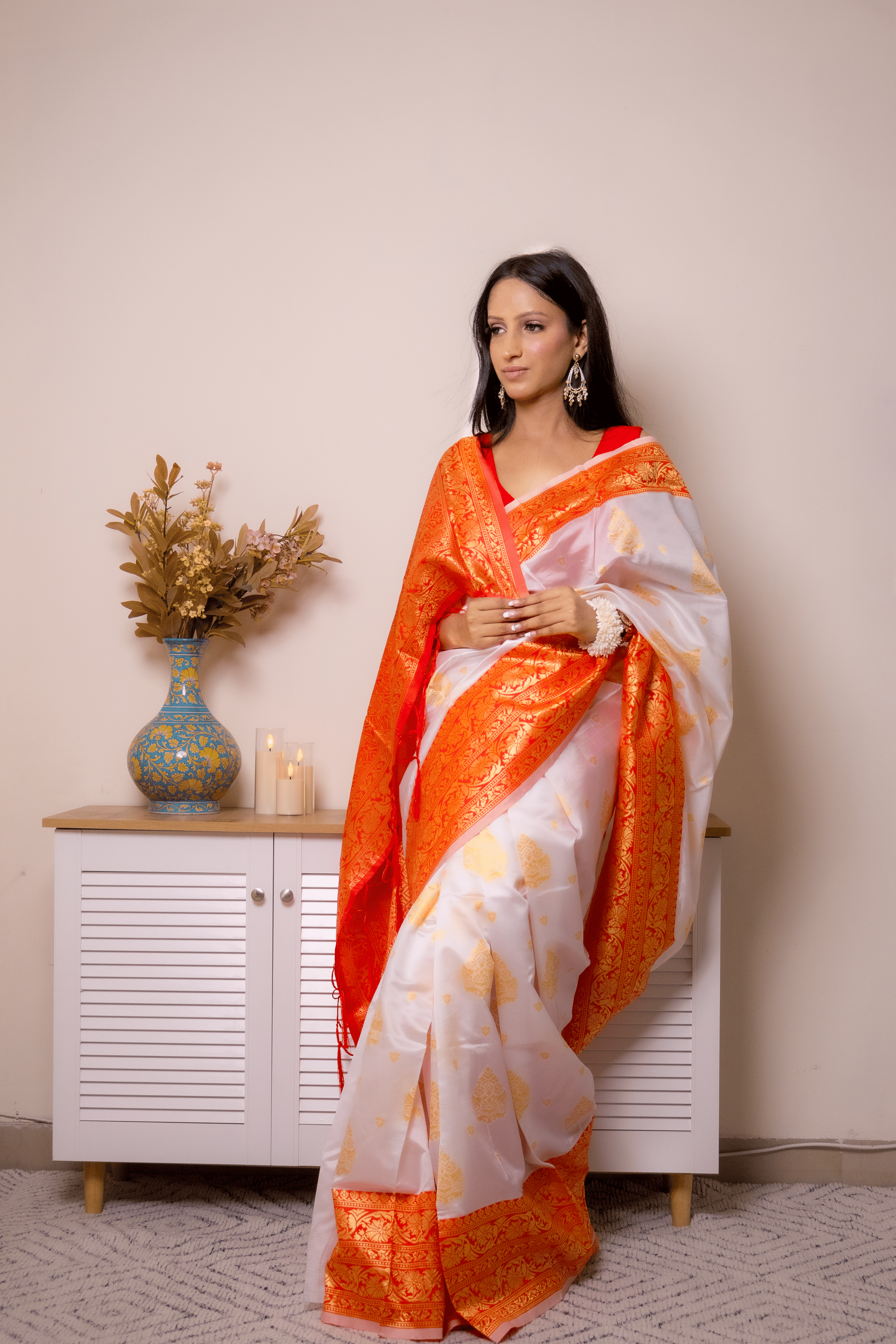 Lucknawi Chikankari Georgette Saree in Orange & White - IMG_0896