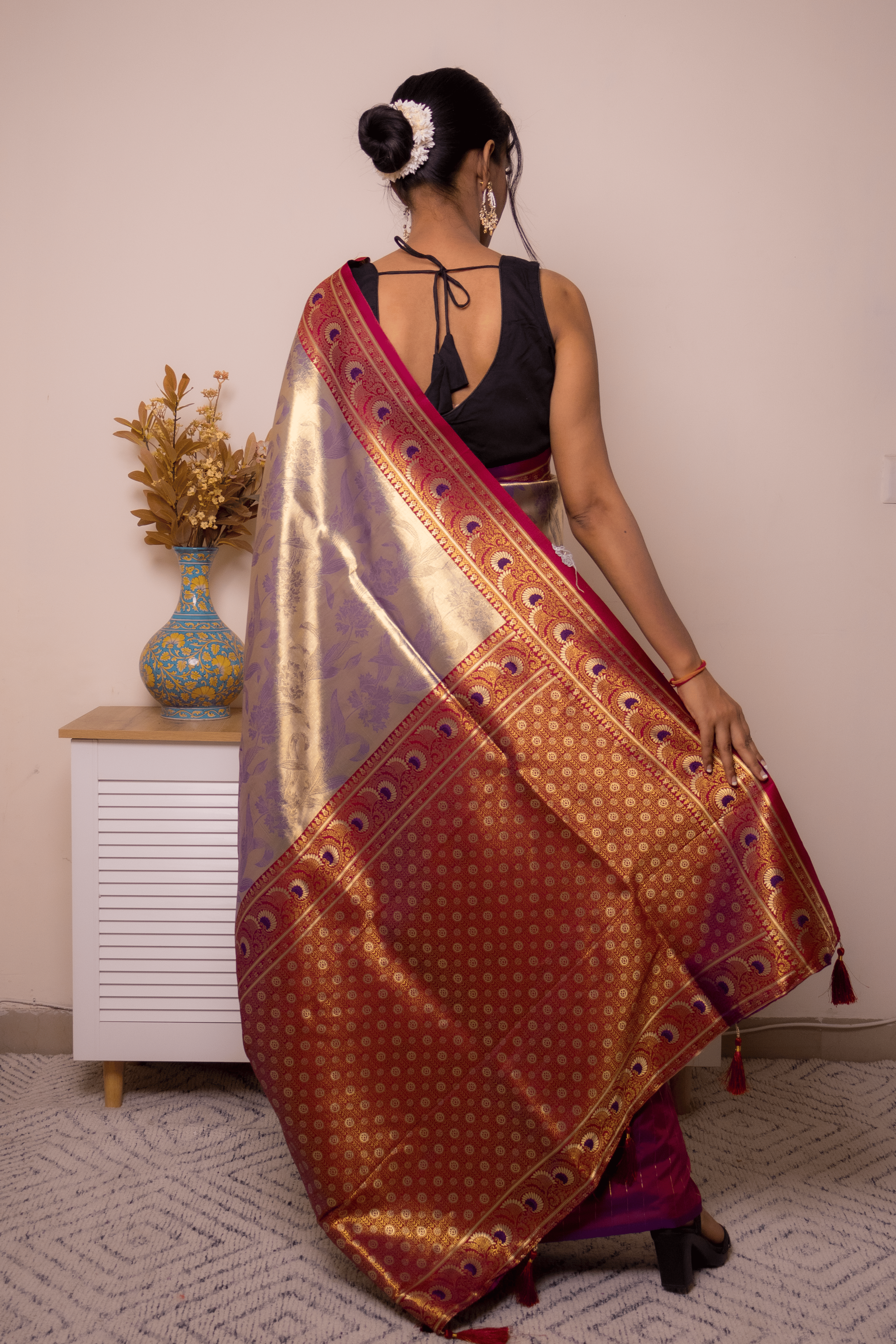 Gold-Purple Paithani Silk Saree with Maroon Border - IMG_1012