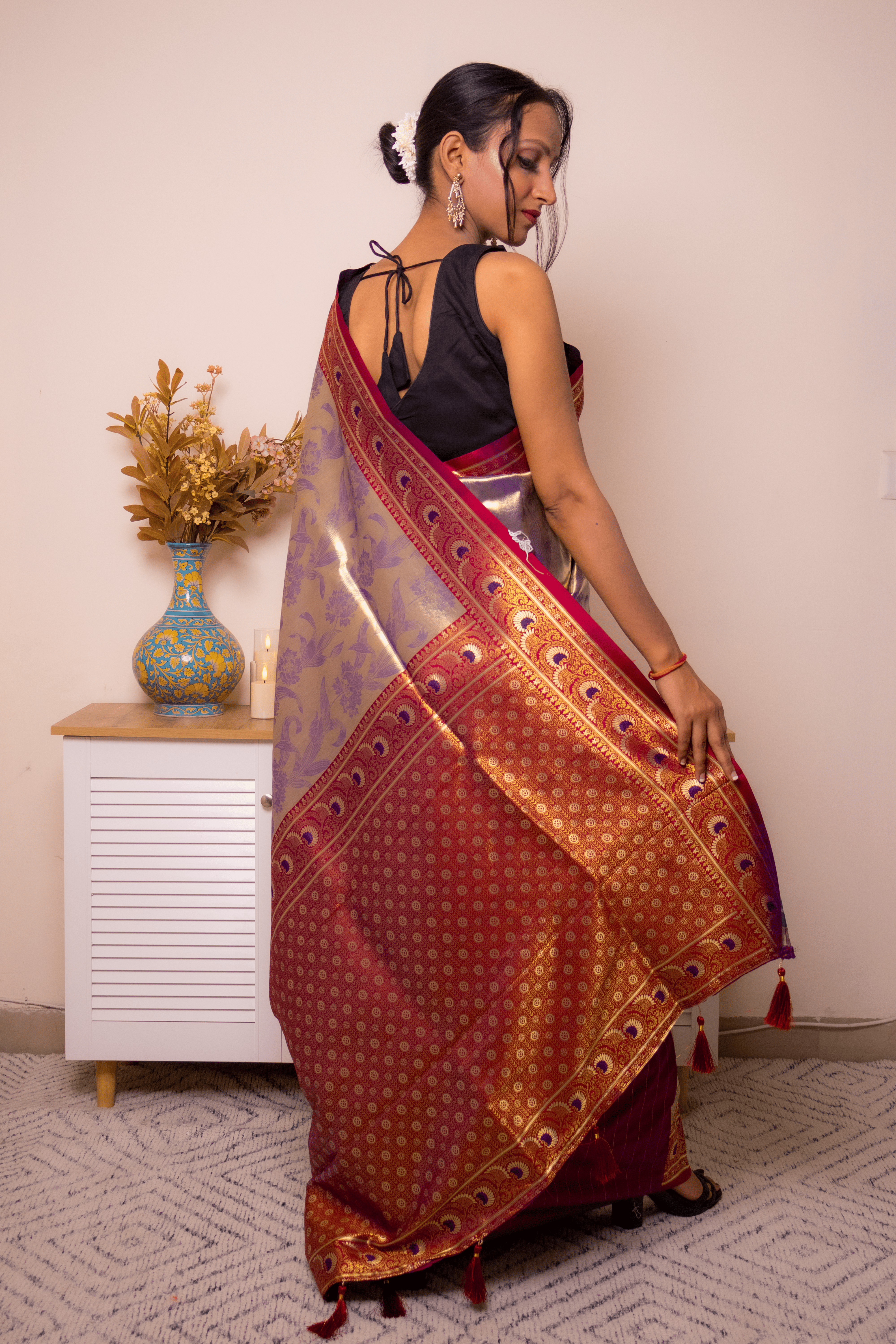 Gold-Purple Paithani Silk Saree with Maroon Border - IMG_1013