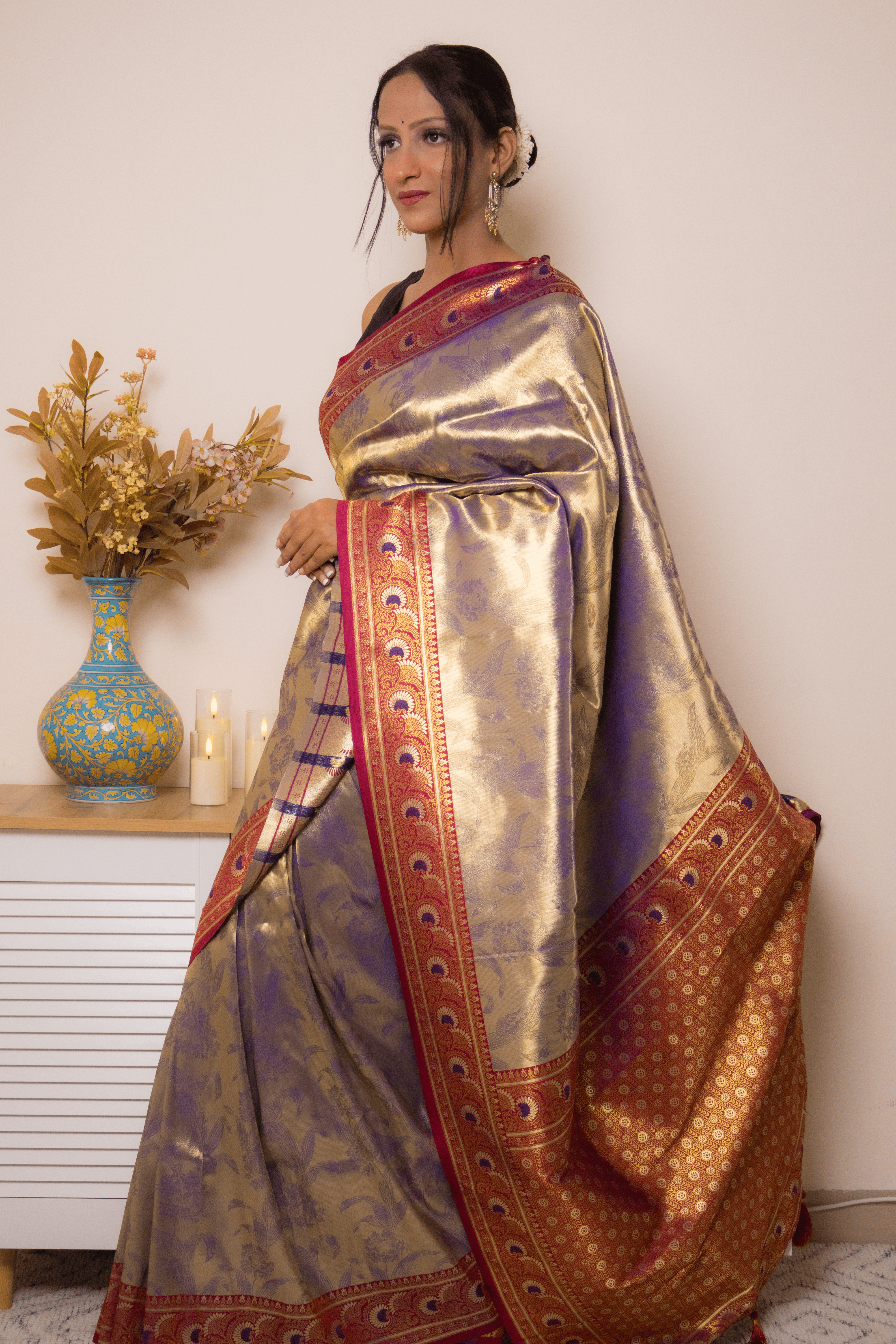 Gold-Purple Paithani Silk Saree with Maroon Border - IMG_1015