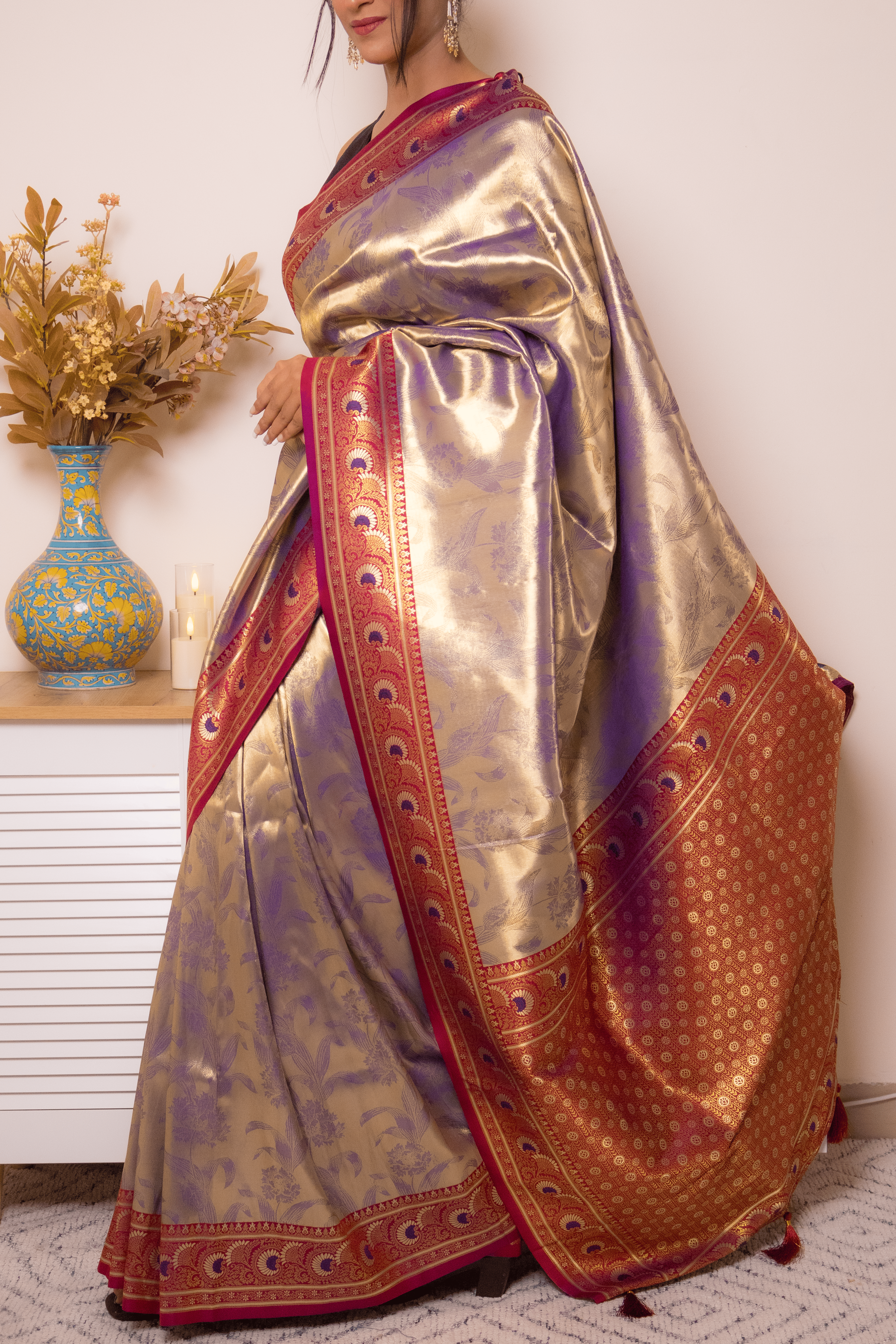Gold-Purple Paithani Silk Saree with Maroon Border - IMG_1016