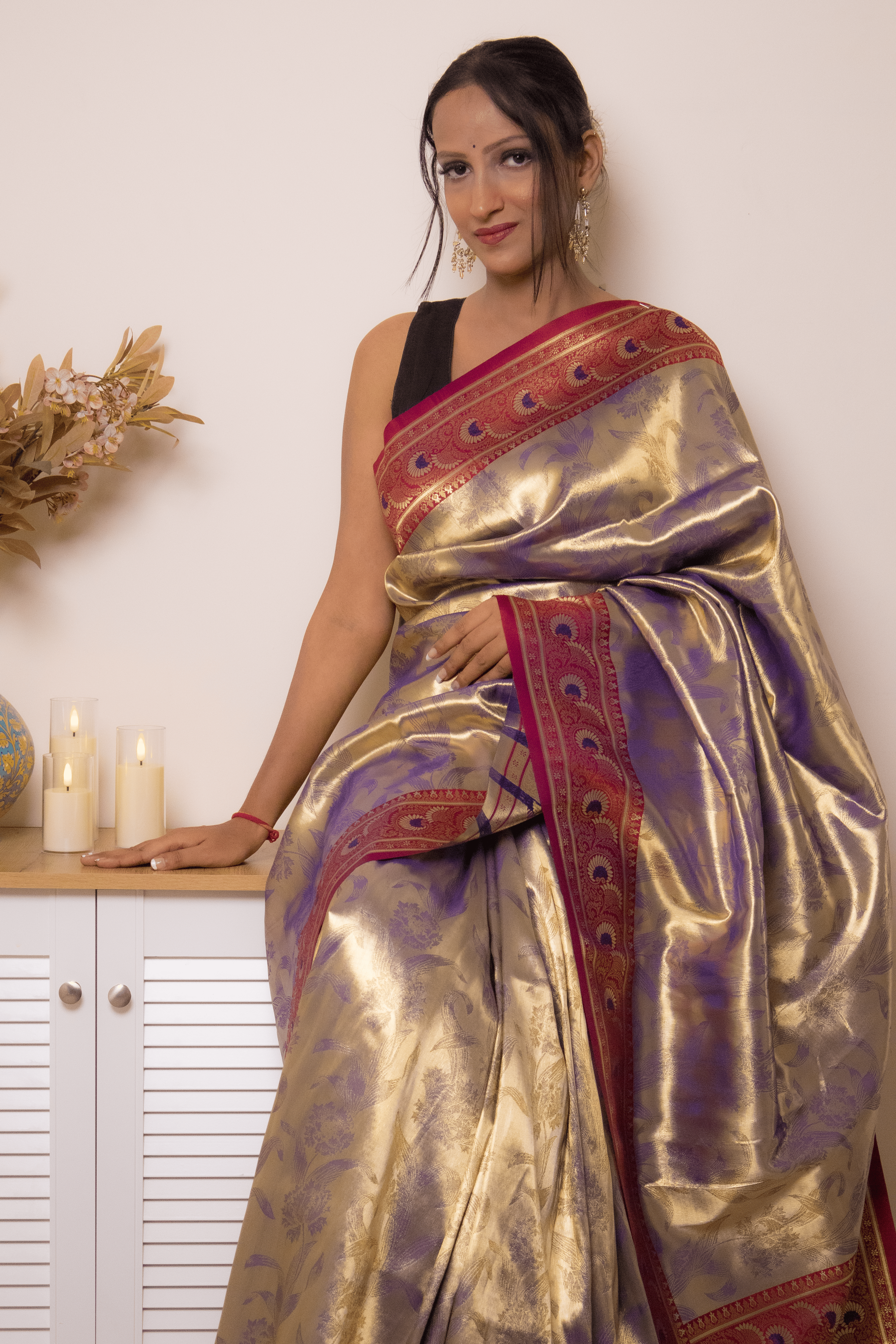 Gold-Purple Paithani Silk Saree with Maroon Border - IMG_1019