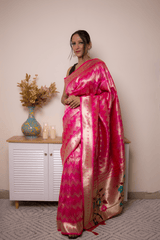Fuchsia Paithani Silk Saree with Gold Zari & Floral Pallu - IMG_1021