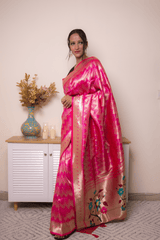 Fuchsia Paithani Silk Saree with Gold Zari & Floral Pallu - IMG_1022