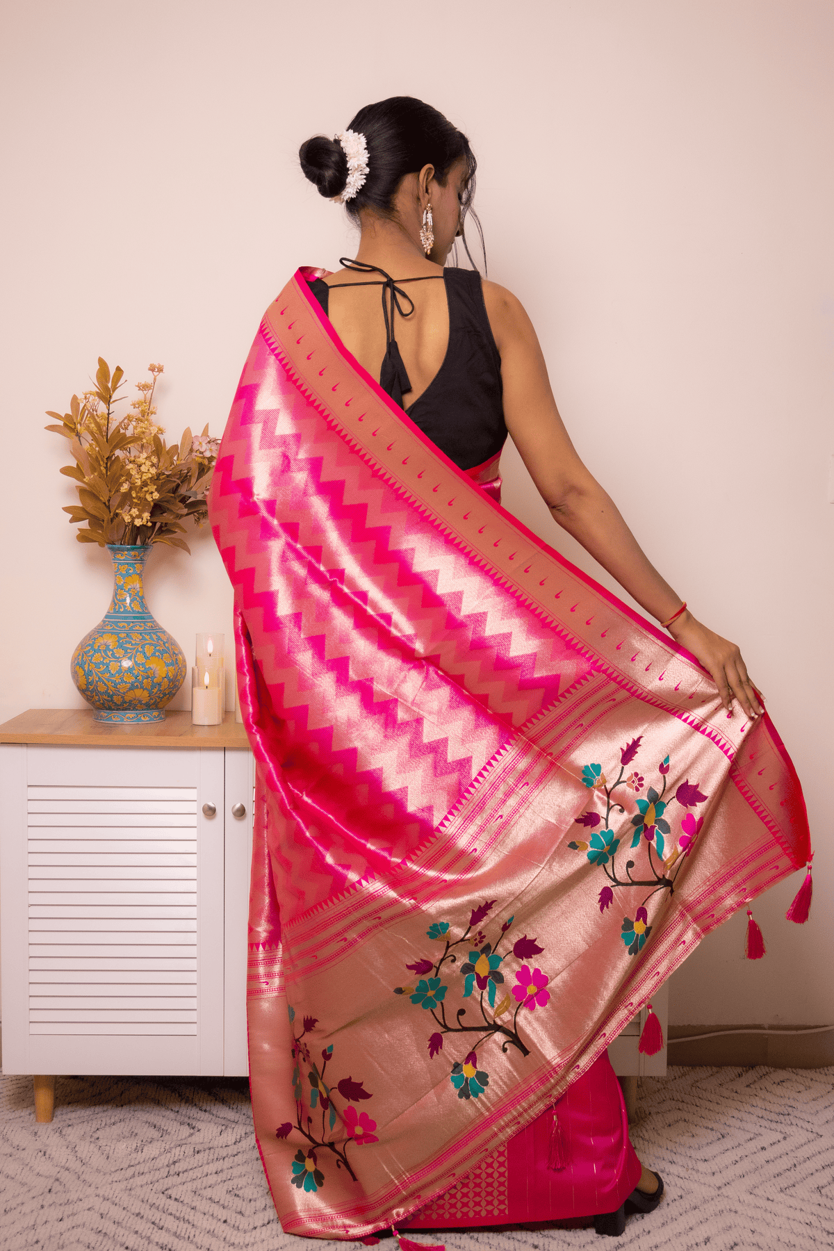 Fuchsia Paithani Silk Saree with Gold Zari & Floral Pallu - IMG_1026