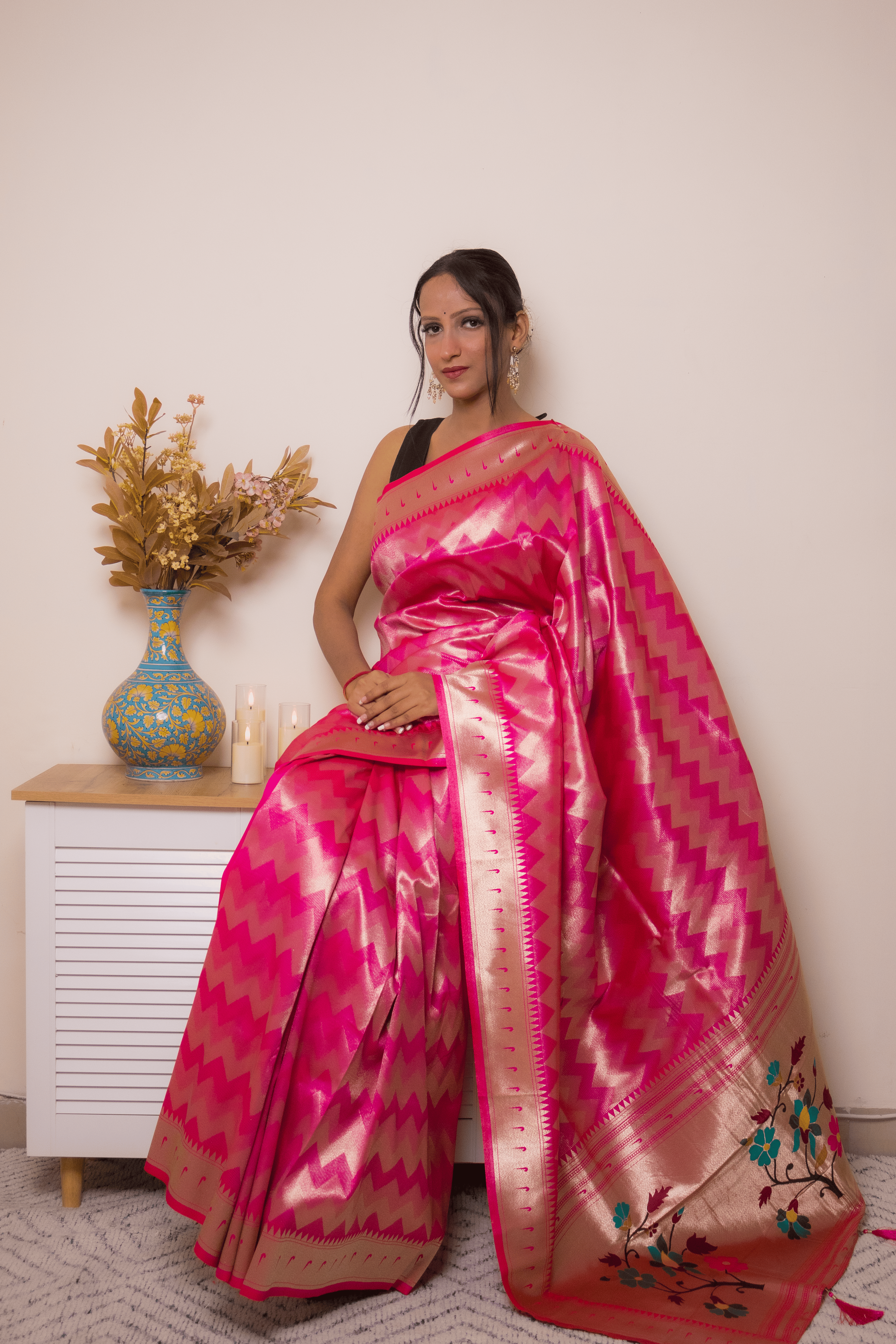 Fuchsia Paithani Silk Saree with Gold Zari & Floral Pallu - IMG_1028