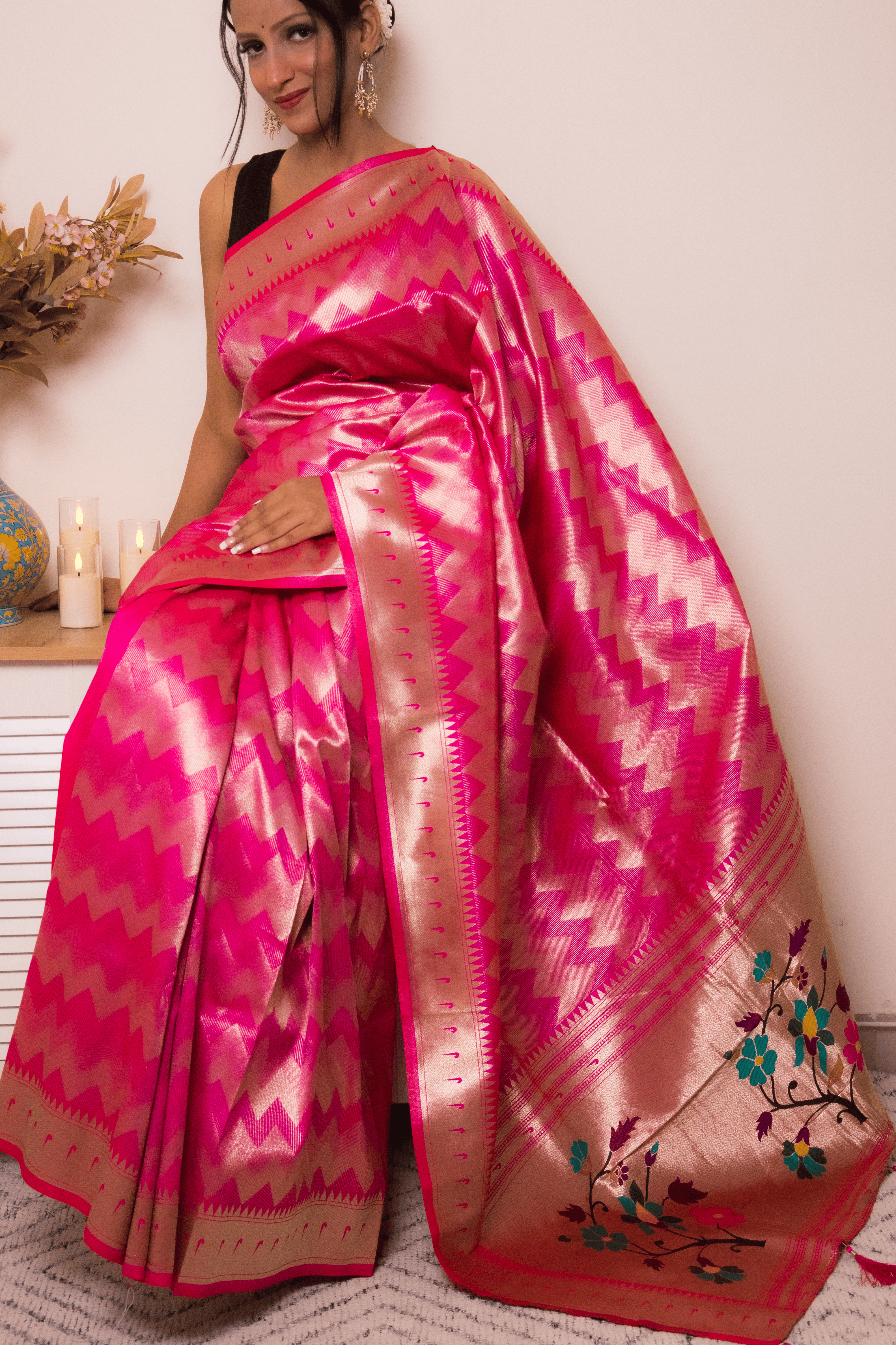 Fuchsia Paithani Silk Saree with Gold Zari & Floral Pallu - IMG_1030