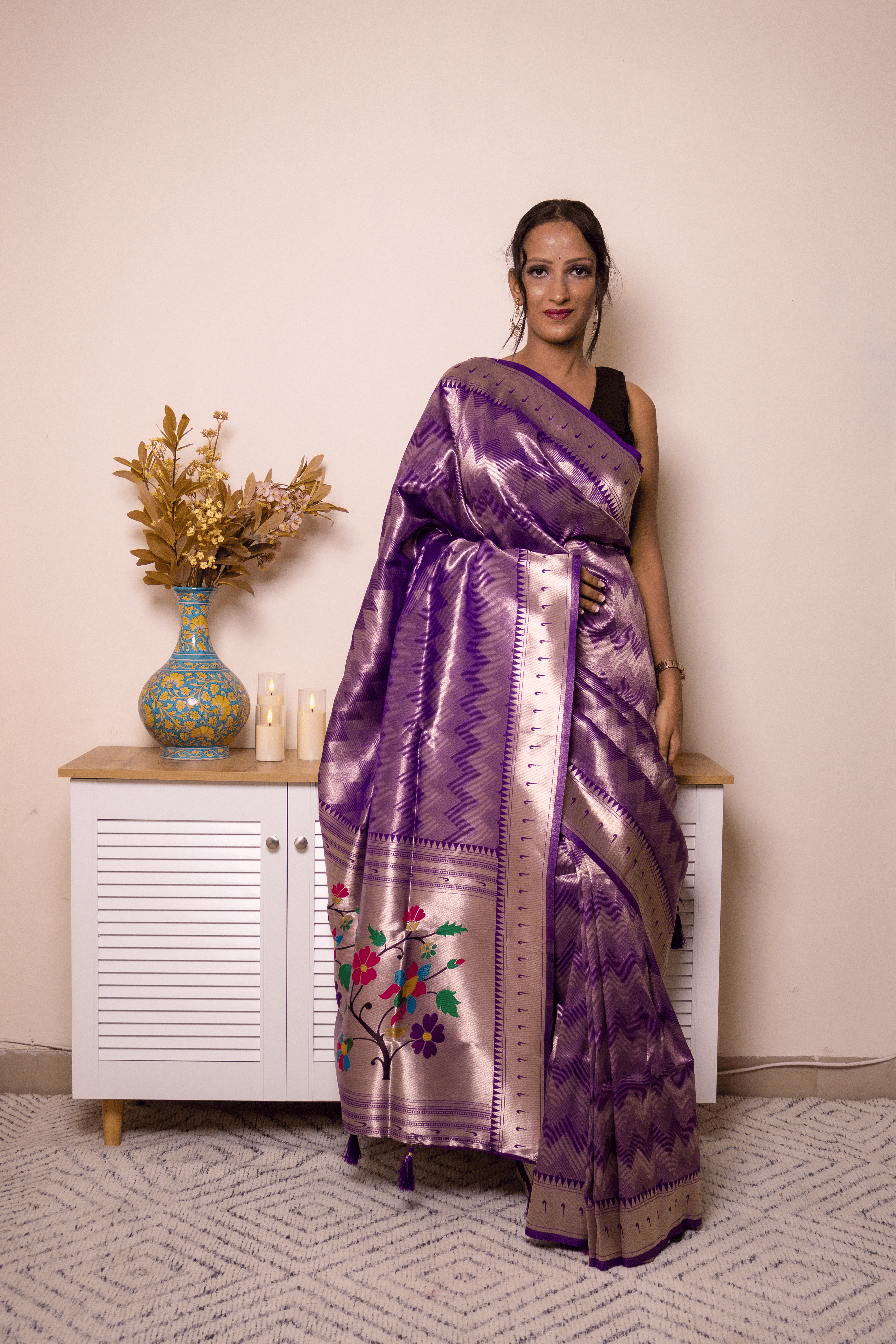 Royal Purple Paithani Silk Saree with Floral Pallu - IMG_1041