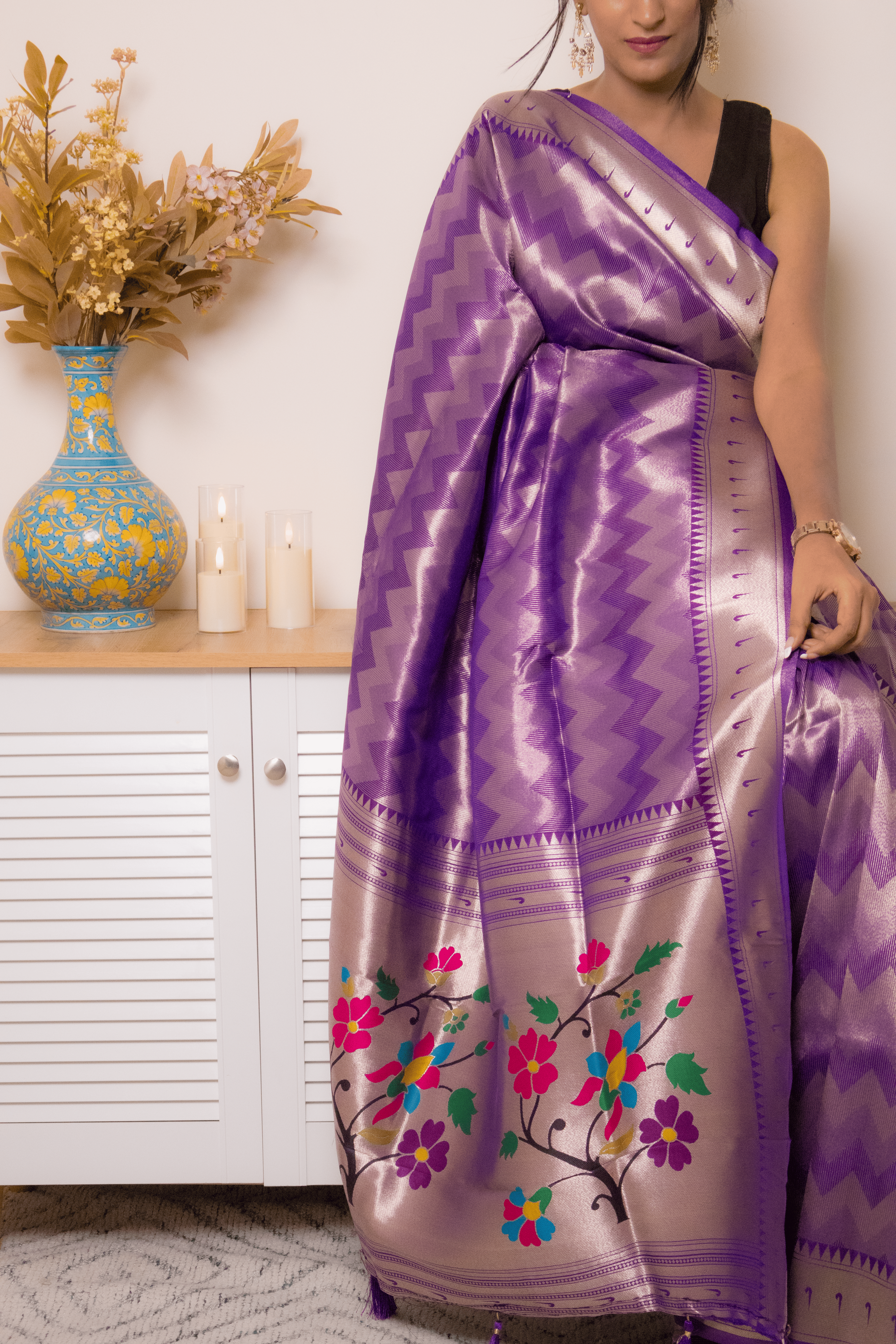 Royal Purple Paithani Silk Saree with Floral Pallu - IMG_1045